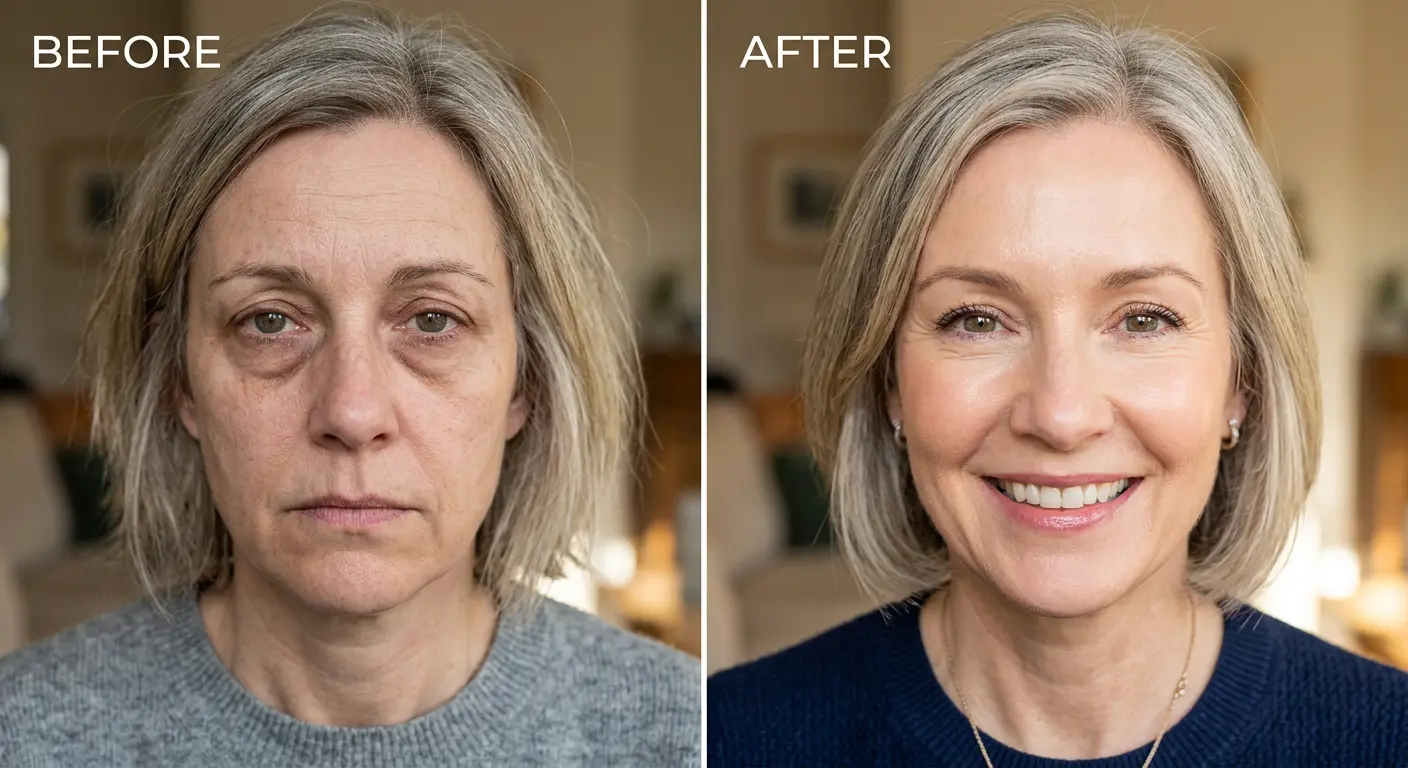 Before and after using Leanhope Under-Eye Balm showing reduced dark circles and puffiness