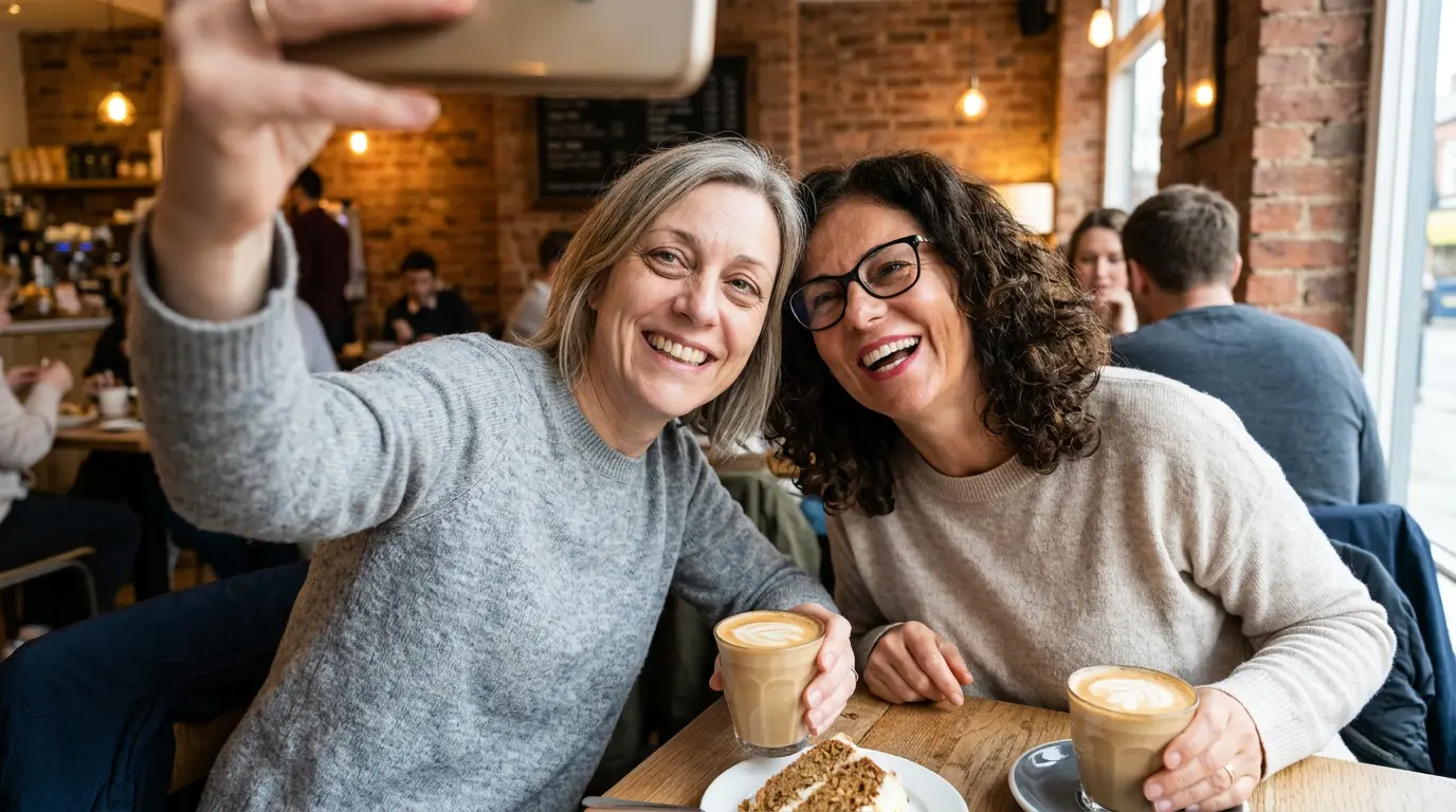 Two women having coffee, one with radiant under-eyes